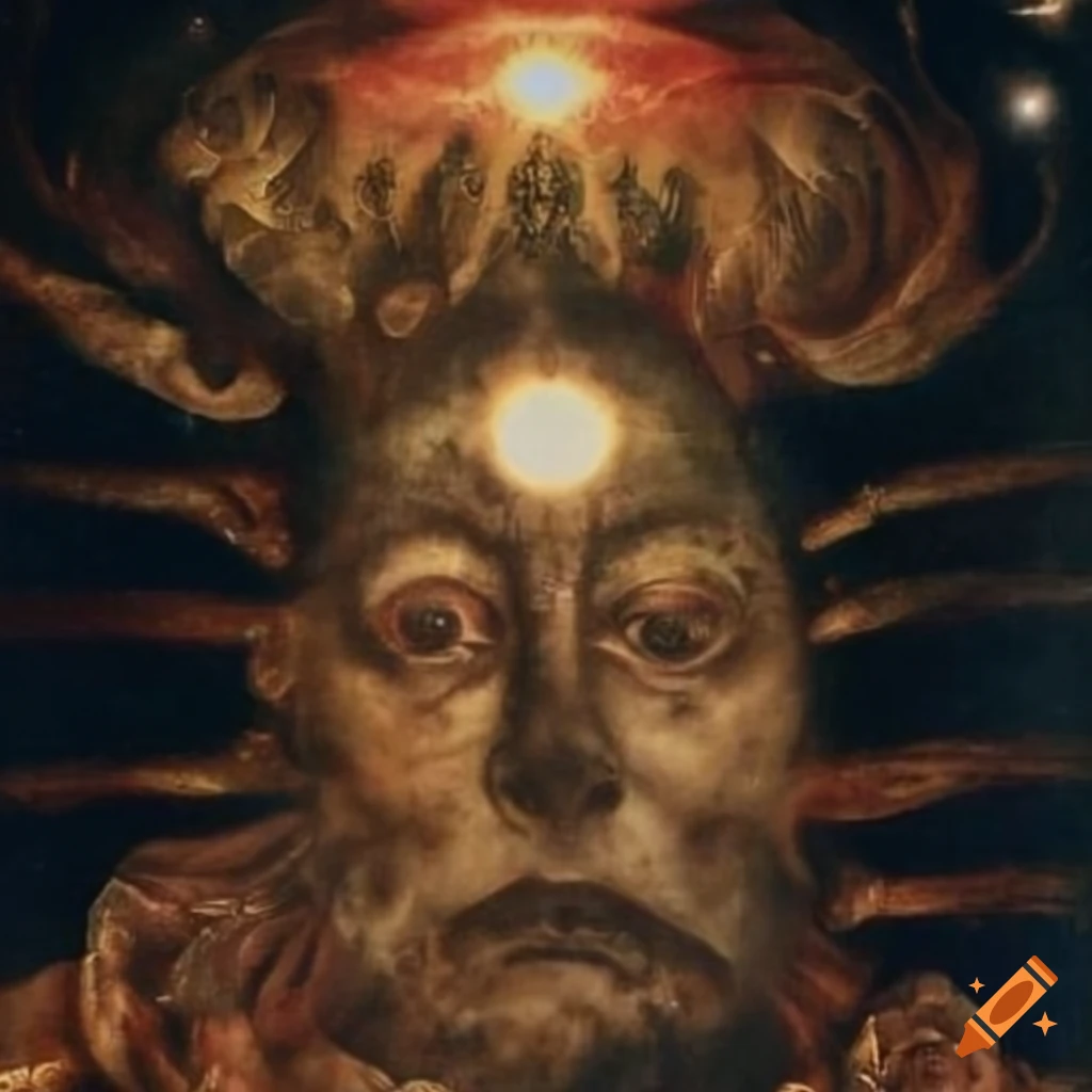 Sacred art with deity in Hades and fractal fire halo by Kawanabe Kyosai