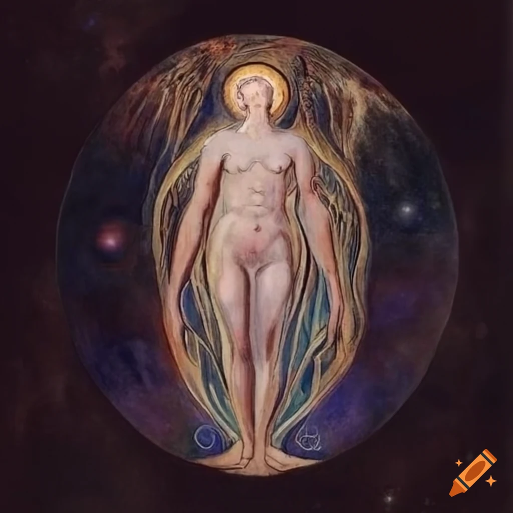 Enlightened spirit walking to hilltop under starry sky with planets, inspired by William Blake and Hilma af Klint