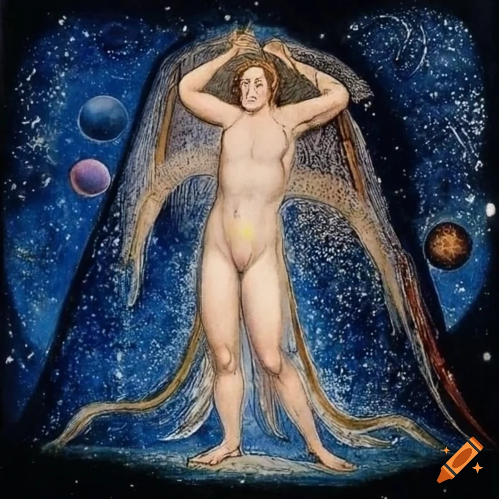 Enlightened spirit walking up hill under starry sky with planets