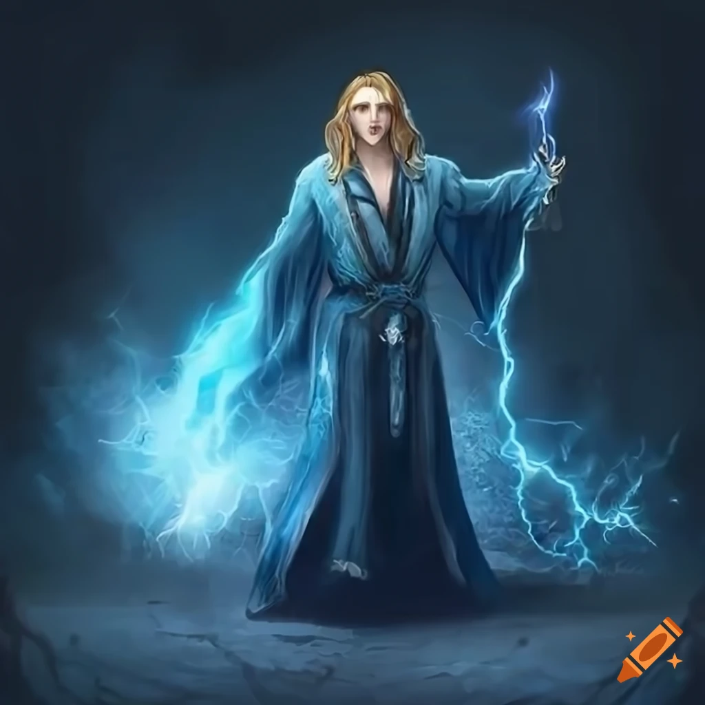 Male elven wizard conjuring elements of fire, ice, lightning, and water