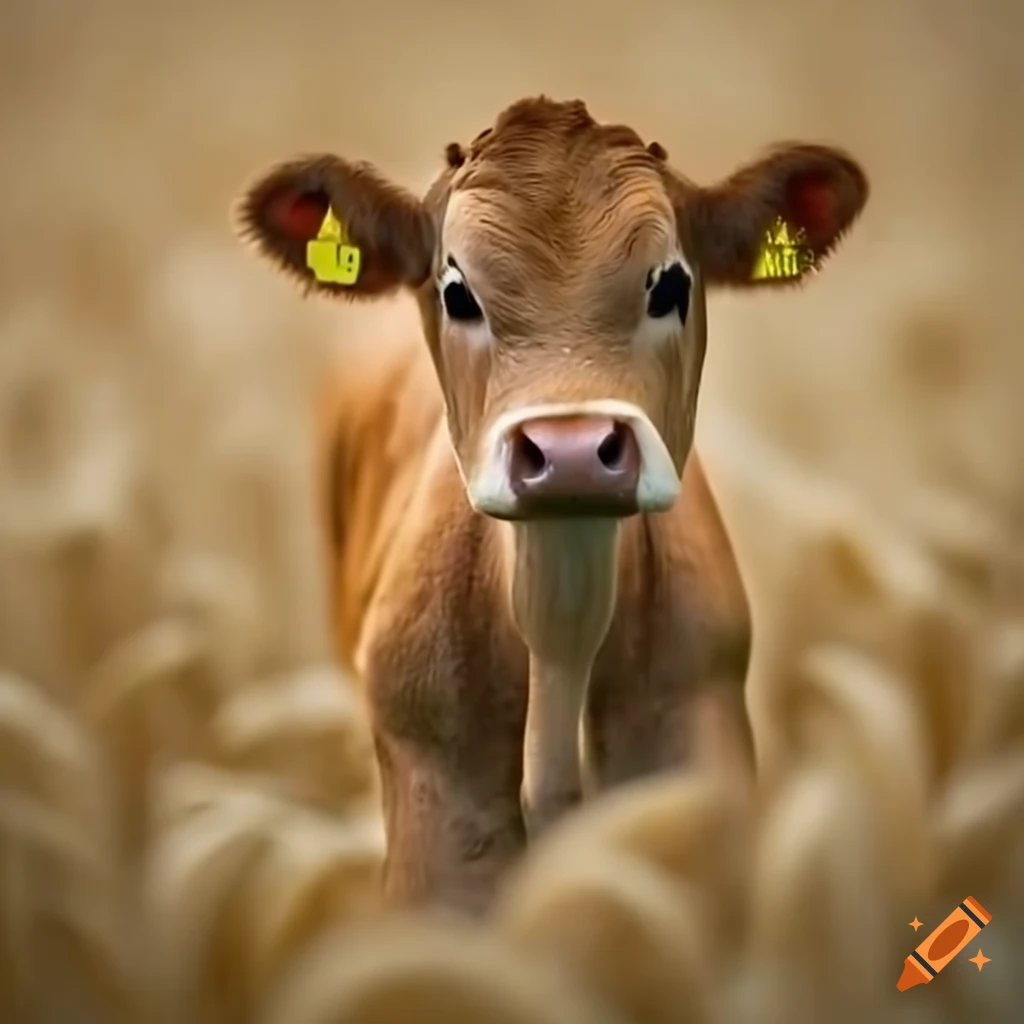 Baby cow standing on a large mushroom in a wheat field