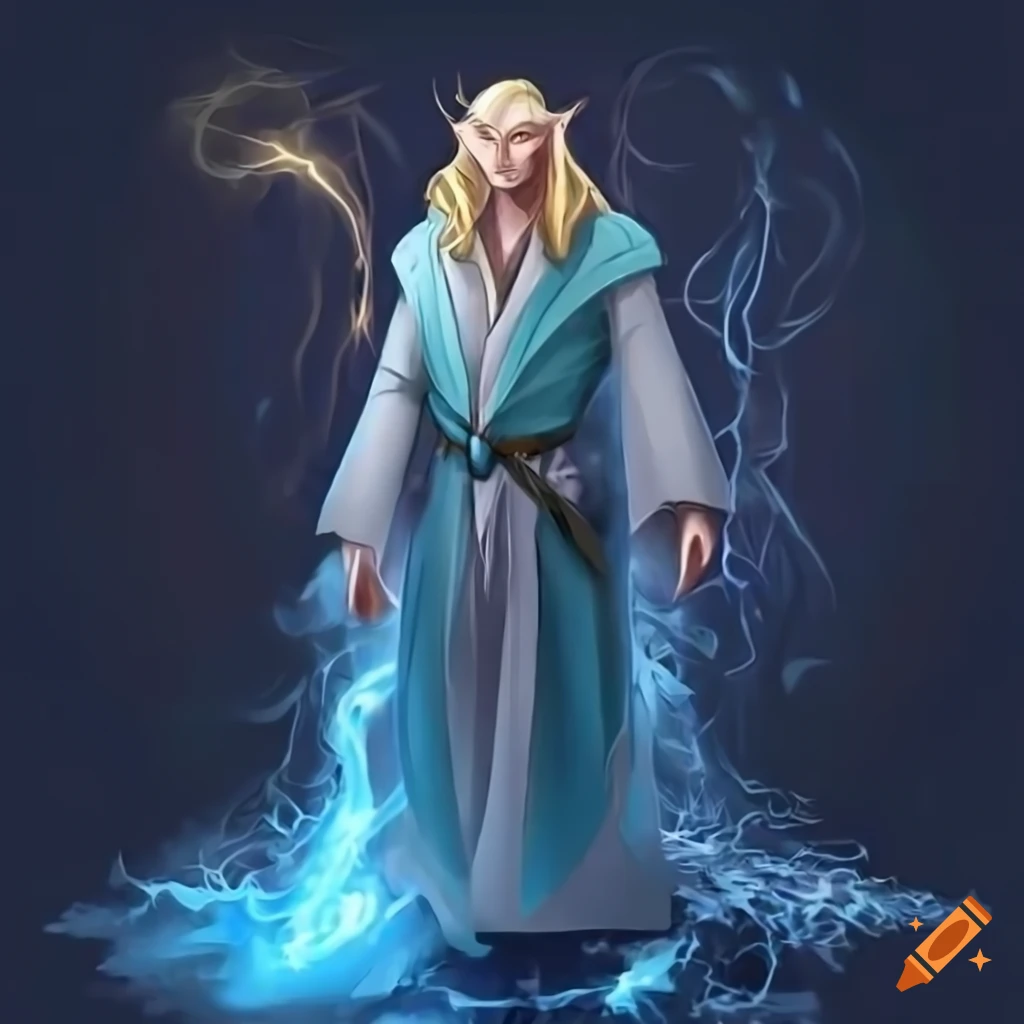 Male elven wizard conjuring elemental energies in magical robe