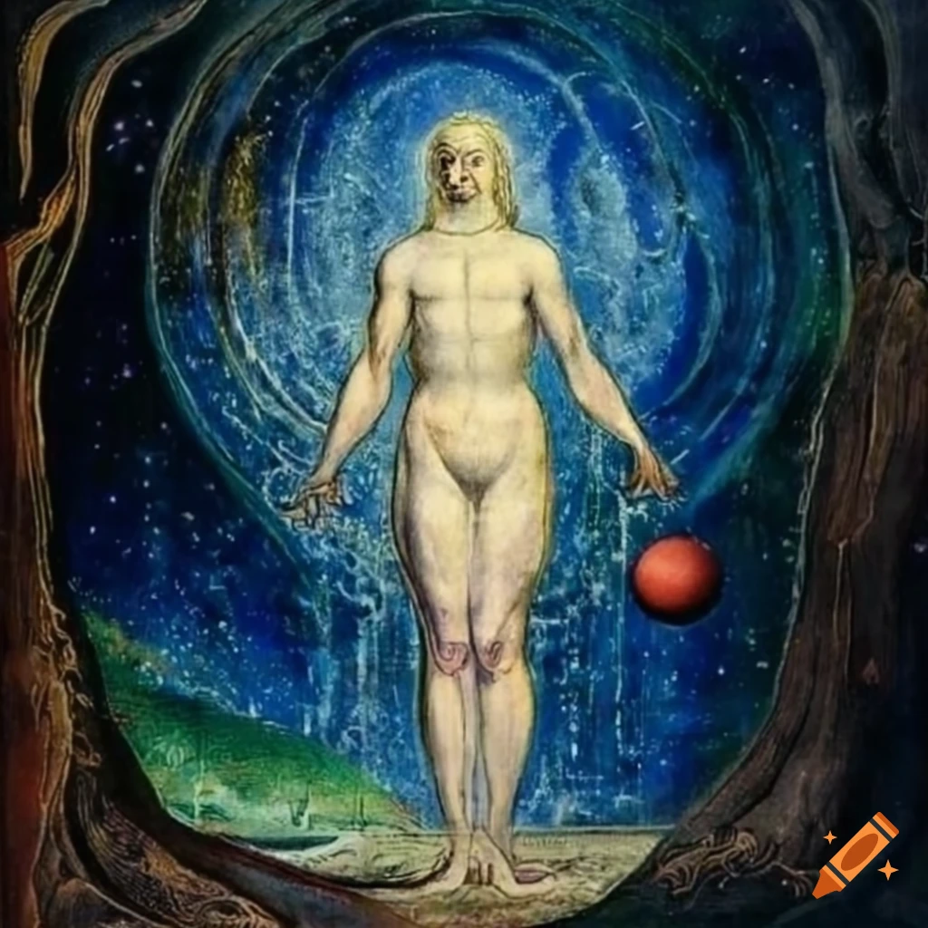 Enlightened spirit walking up a hill under a starry sky with planets, in a mystical setting