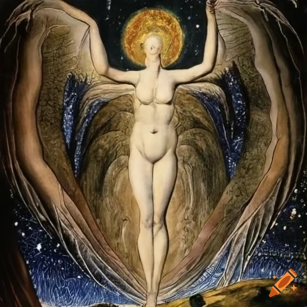 Enlightened spirit ascending hill under starry sky with planets, inspired by William Blake and Hilma af Klint