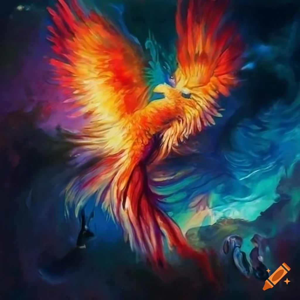 Victorious Phoenix in a surreal battle with a bull under a stormy sky