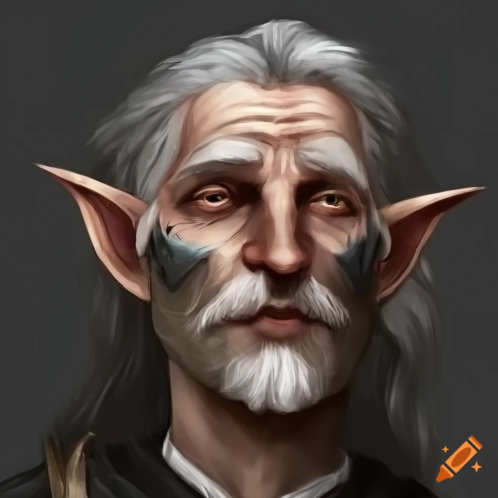 Old half-elf male with star-lined black robes and cosmos eye implant