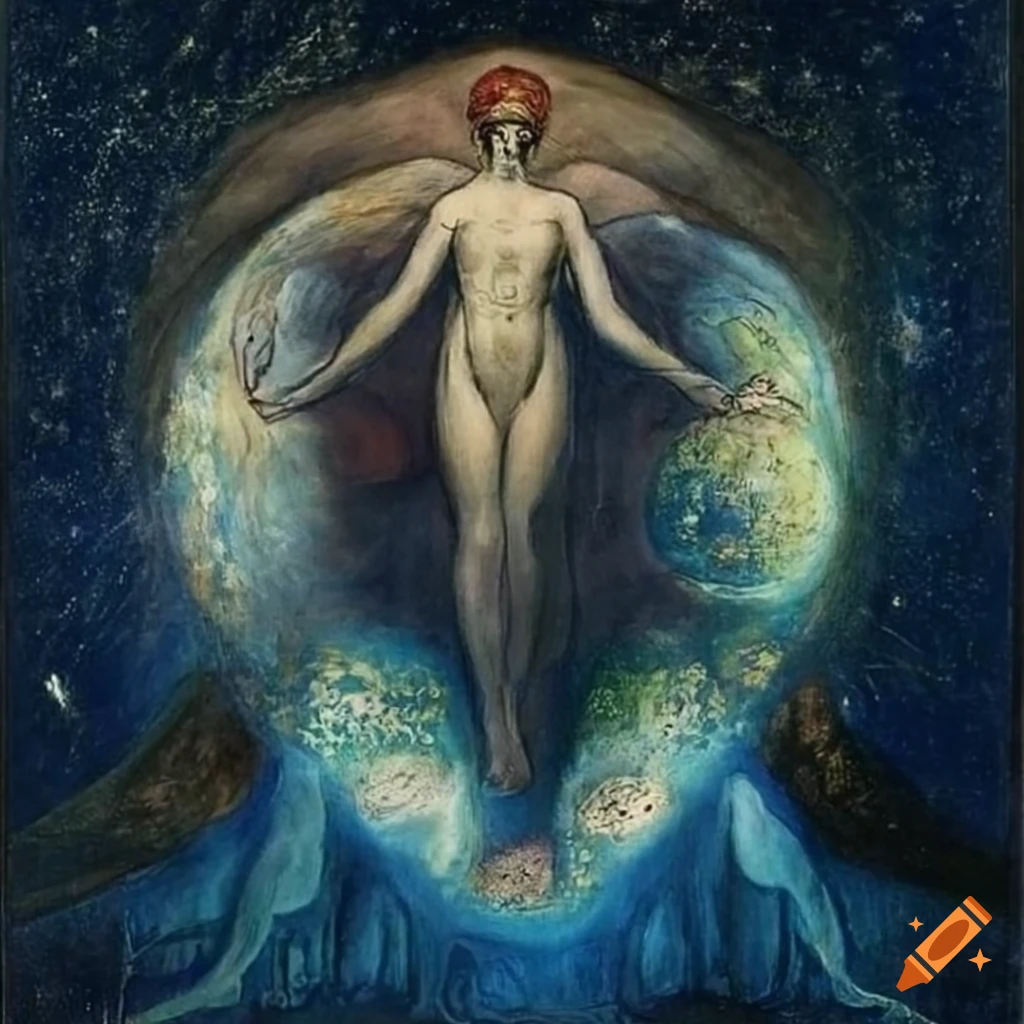 Enlightened spirit climbing hill under starry sky with planets, in William Blake style