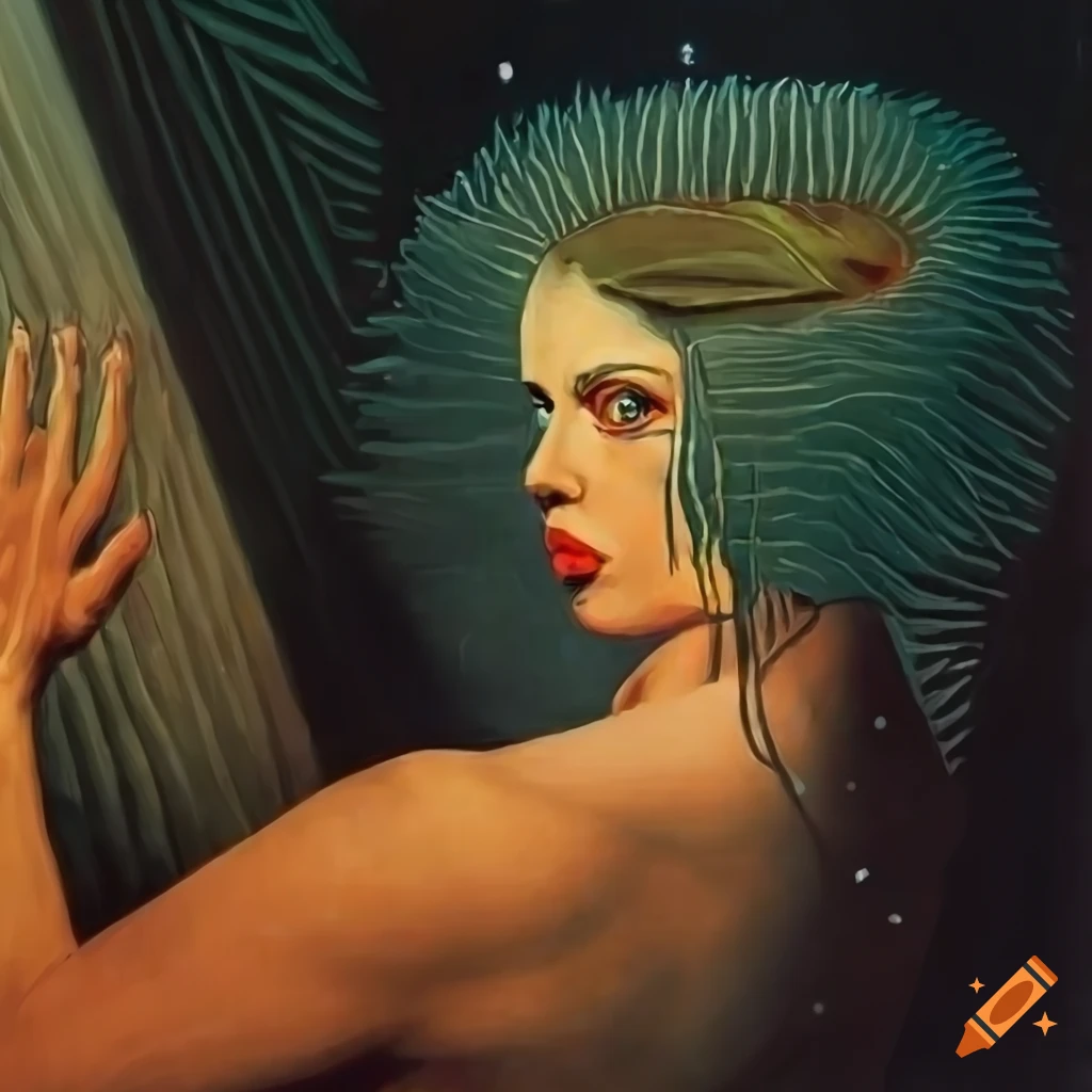 Nonbinary human gazing through the celestial veil in a science fiction magazine cover