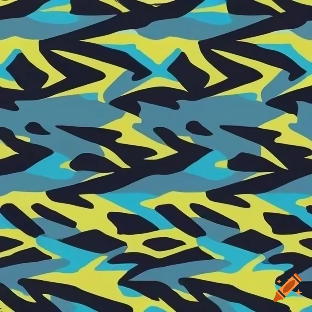 Geometric camouflage pattern in bold colors with thunder bolt and wave patterns