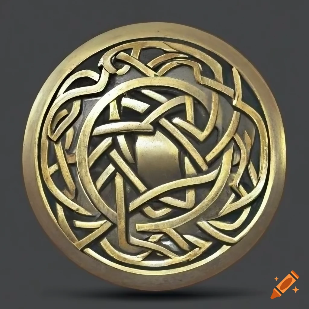Circular metallic golden disc with Celtic knotwork design and blacksmith's anvil