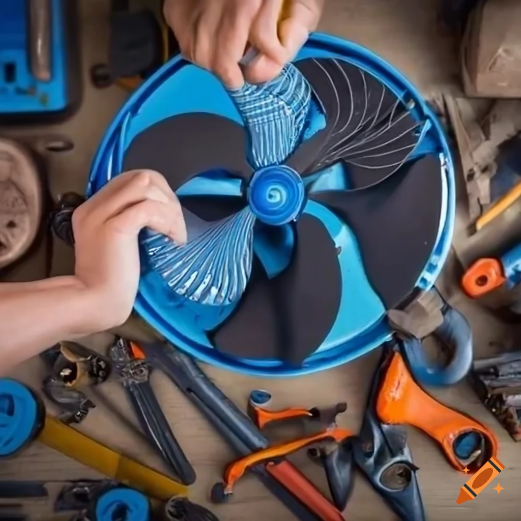 Person repairing blue electric fan in workshop surrounded by tools and parts