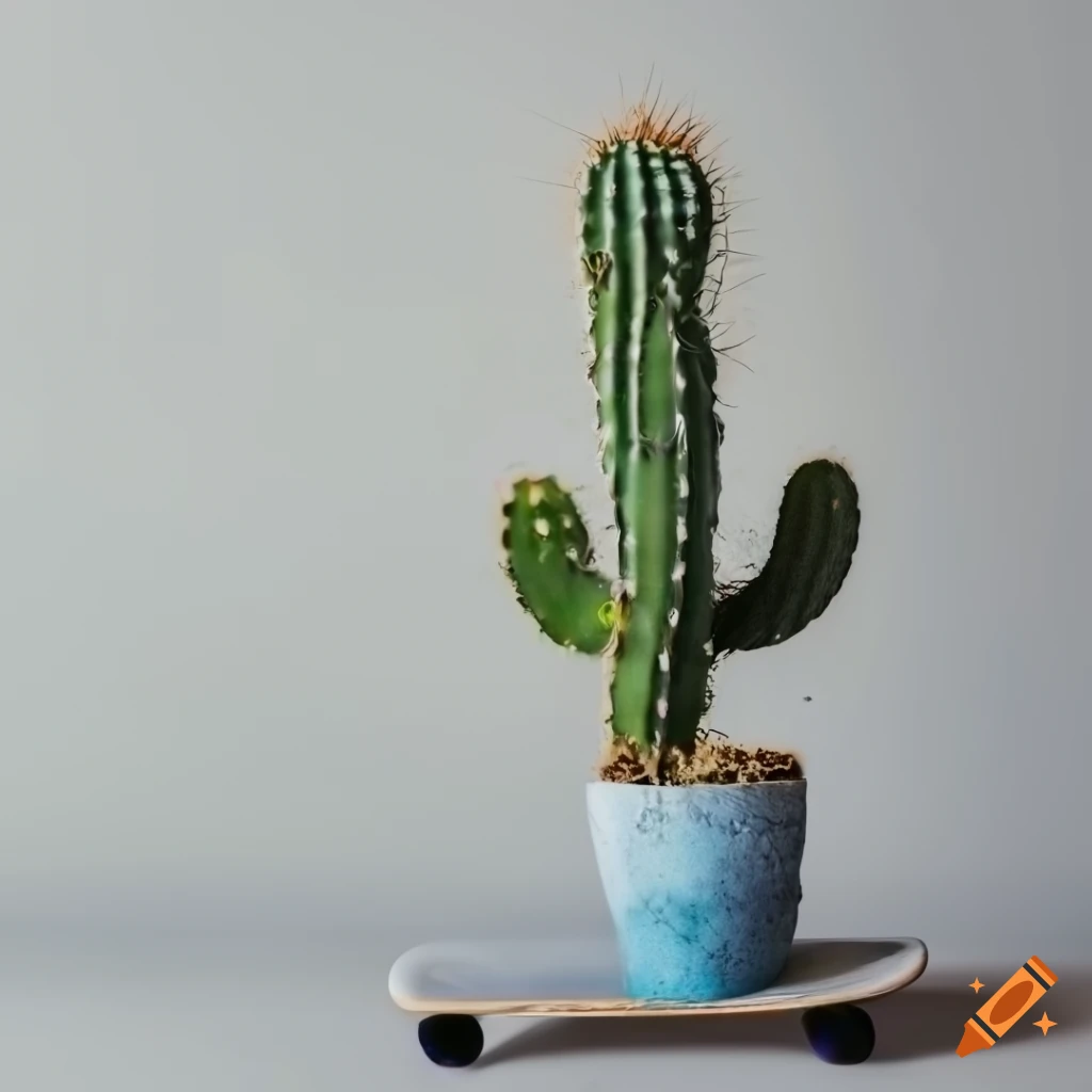 Cactus in a vase on a skateboard in grey tones