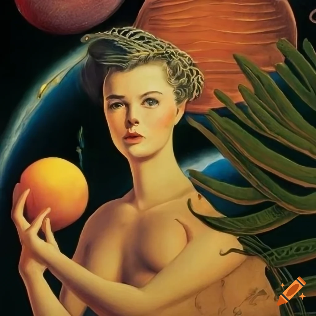 Nonbinary human gazing through Celestial veil in Science Fiction pulp magazine cover