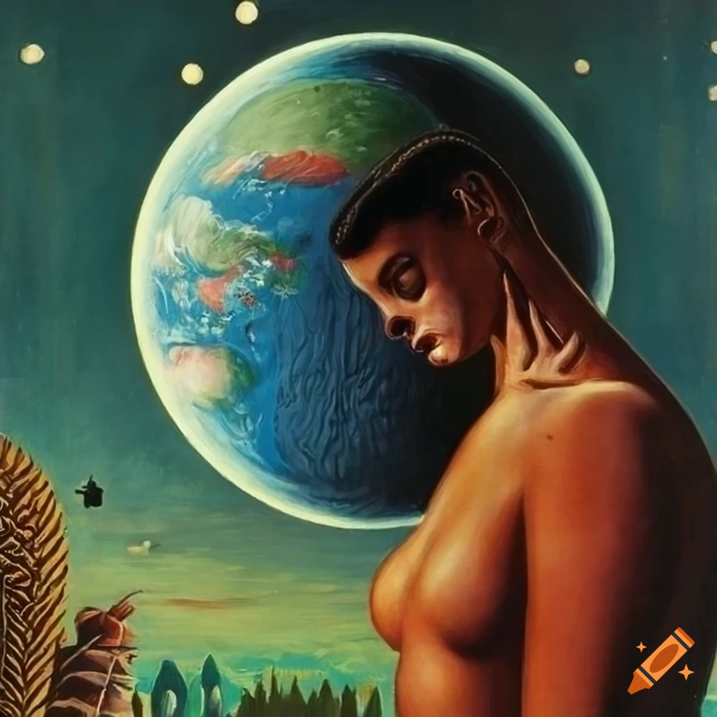 Nonbinary human gazing through Celestial veil in Sci-Fi pulp magazine cover