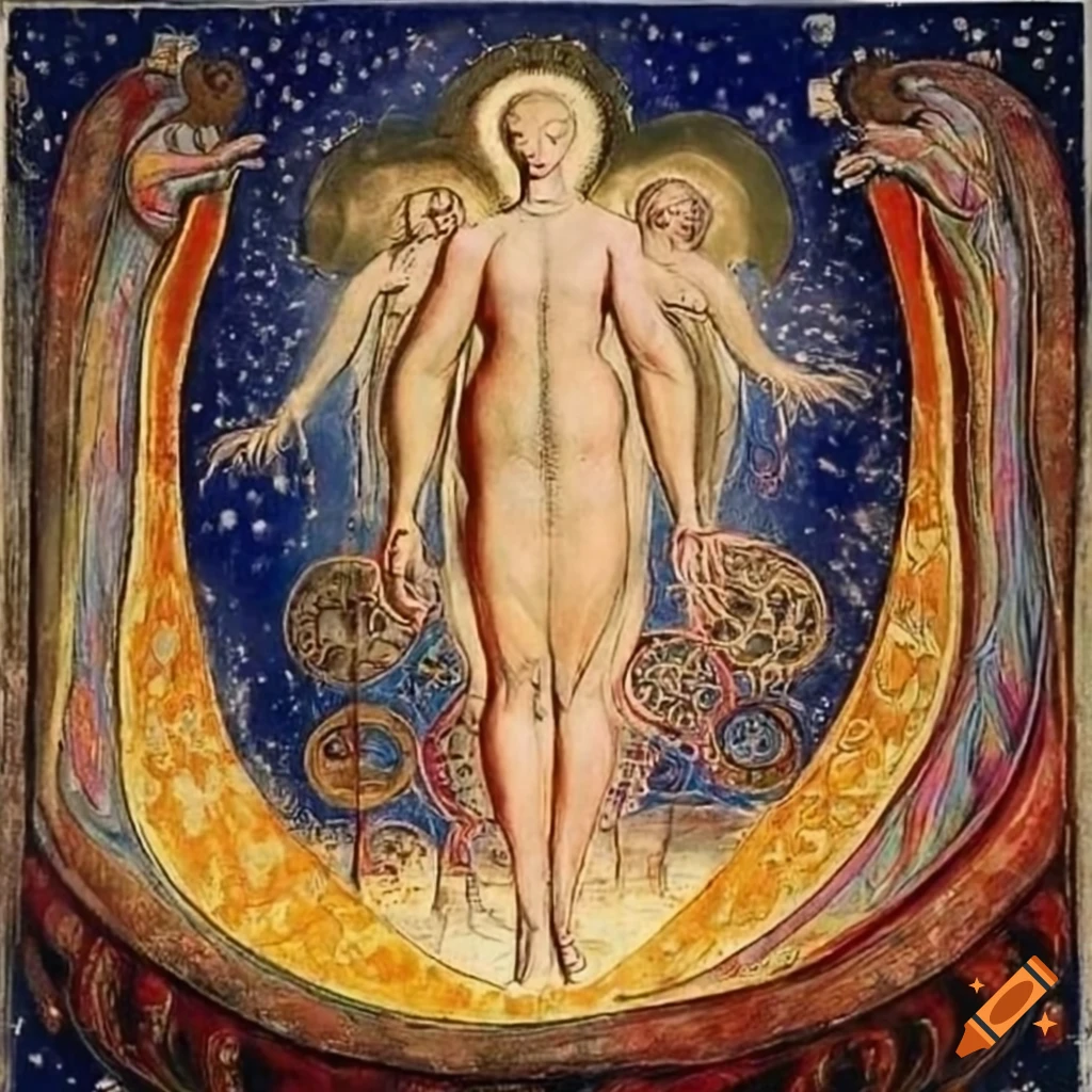 Enlightened spirit climbing hill under starry sky with planets, in William Blake style