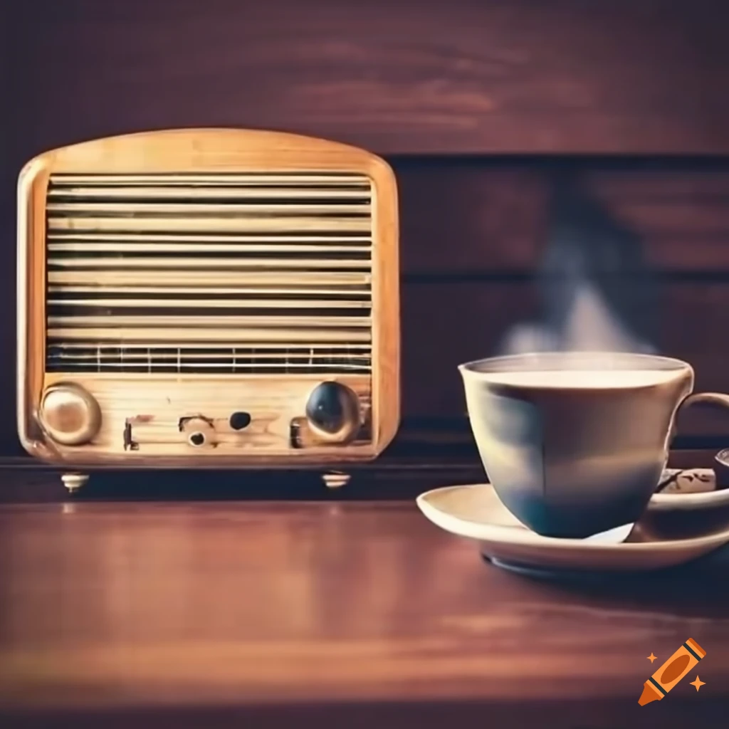 Vintage radio playing next to a cup of tea on a rustic table