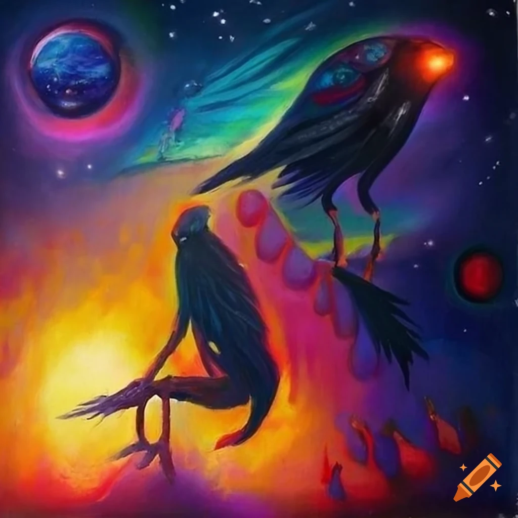 Surrealist painting with Carlos Castaneda and Don Juan Matus in front of a Tapio