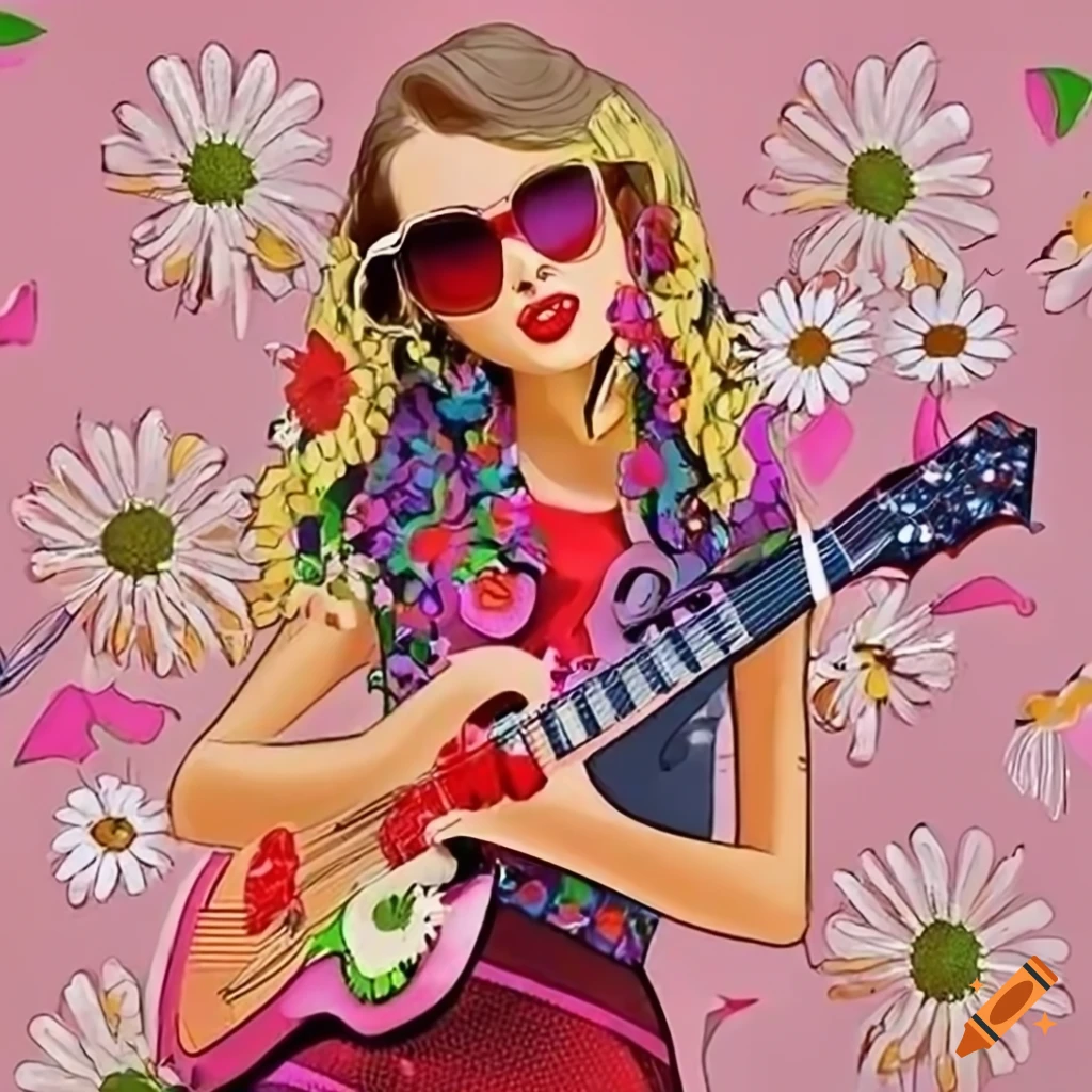 Cartoon style taylor swift with sunglasses flowers guitar and red