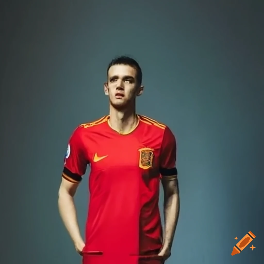 Man wearing official Spain football jersey in bright light
