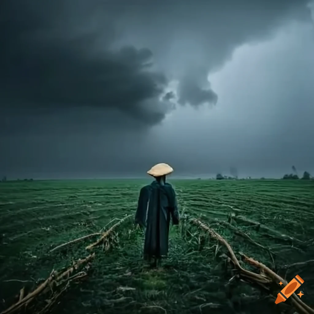 Middle-aged farmer devastated by storm in field