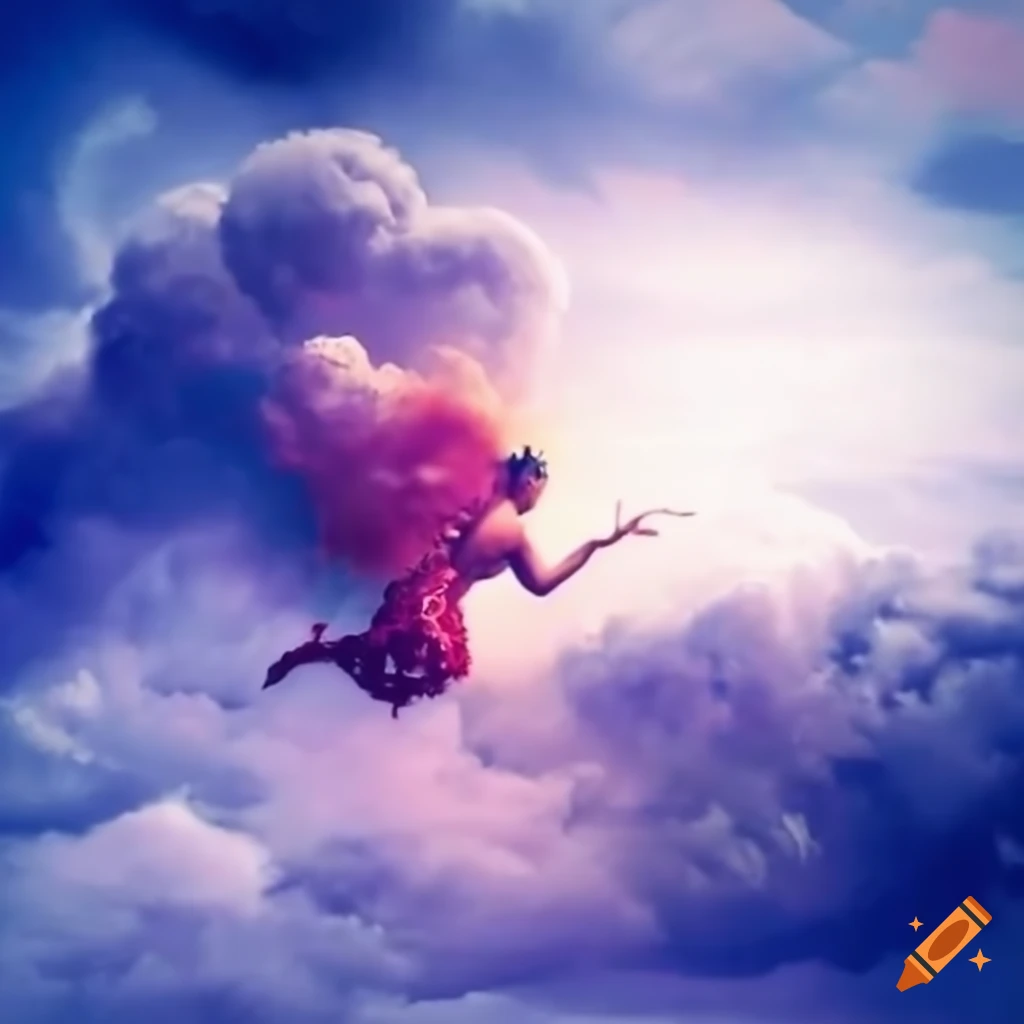 Black woman reaching into the clouds chasing dreams in a fairytale setting