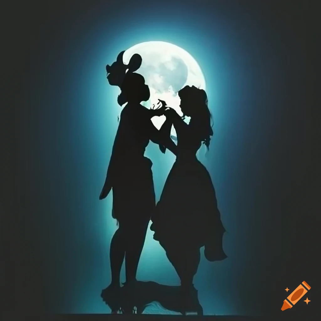 Silhouette of Radha Krishna in a dark forest under moonlight