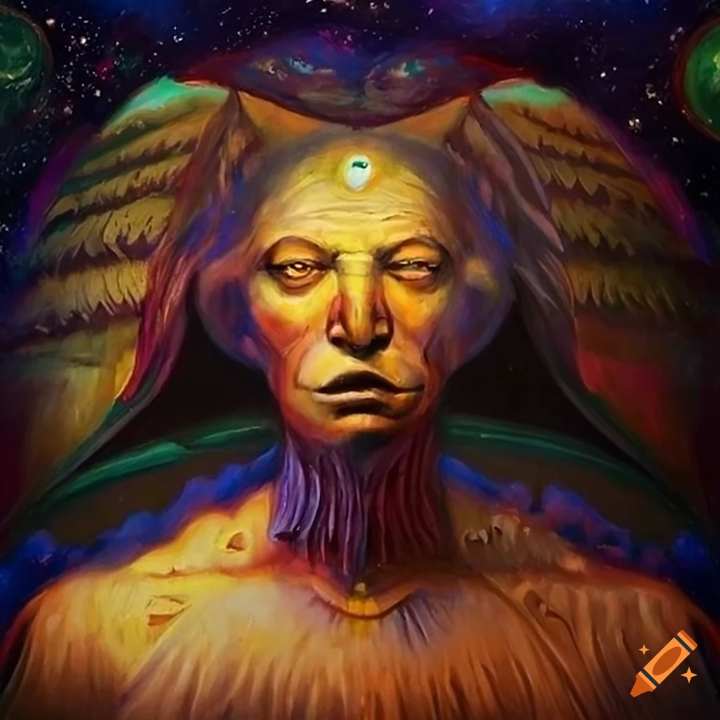 Surrealist painting depicting Carlos Castaneda and Don Juan Matus in front of a Tapio