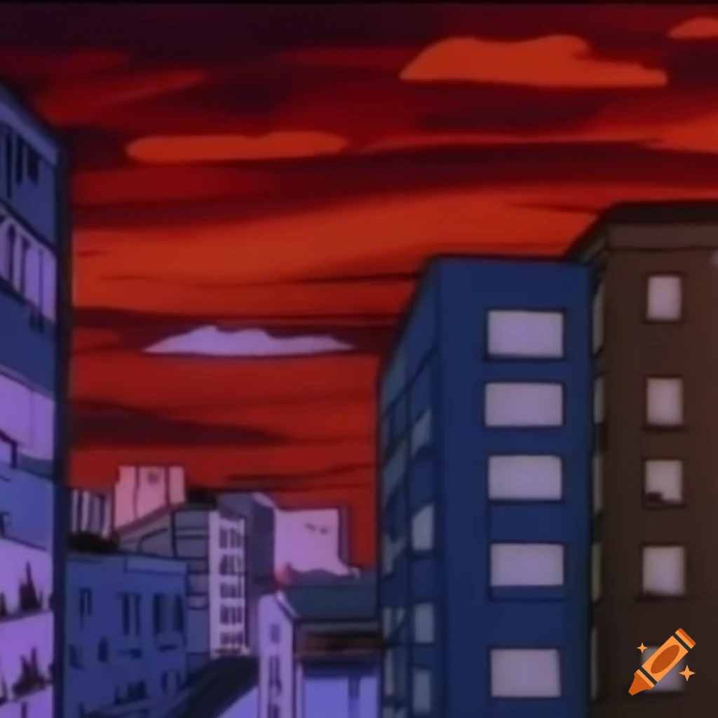 Rainy city view from a balcony captured in a 90s anime style