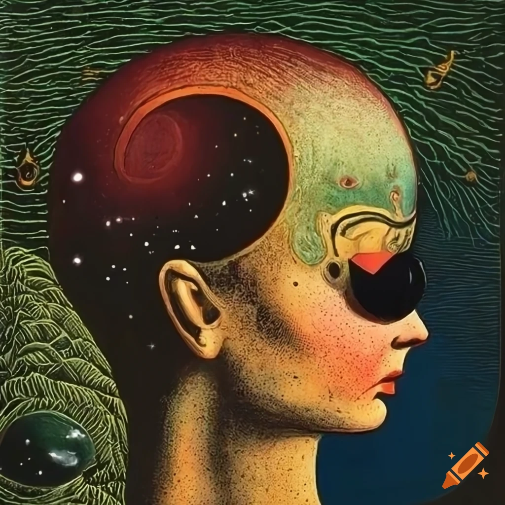 Nonbinary human looking through Celestial veil in Science Fiction pulp magazine cover