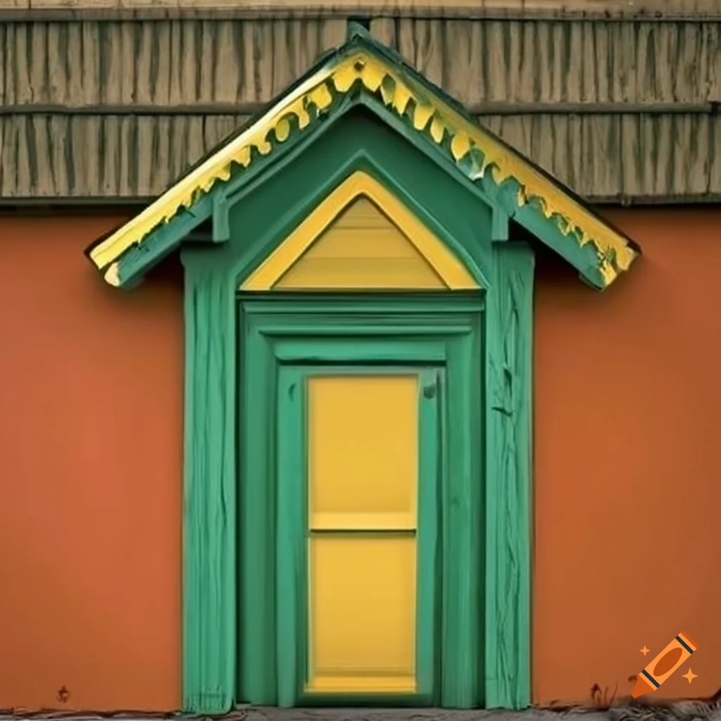 Green painted cottage house with orange and yellow trim