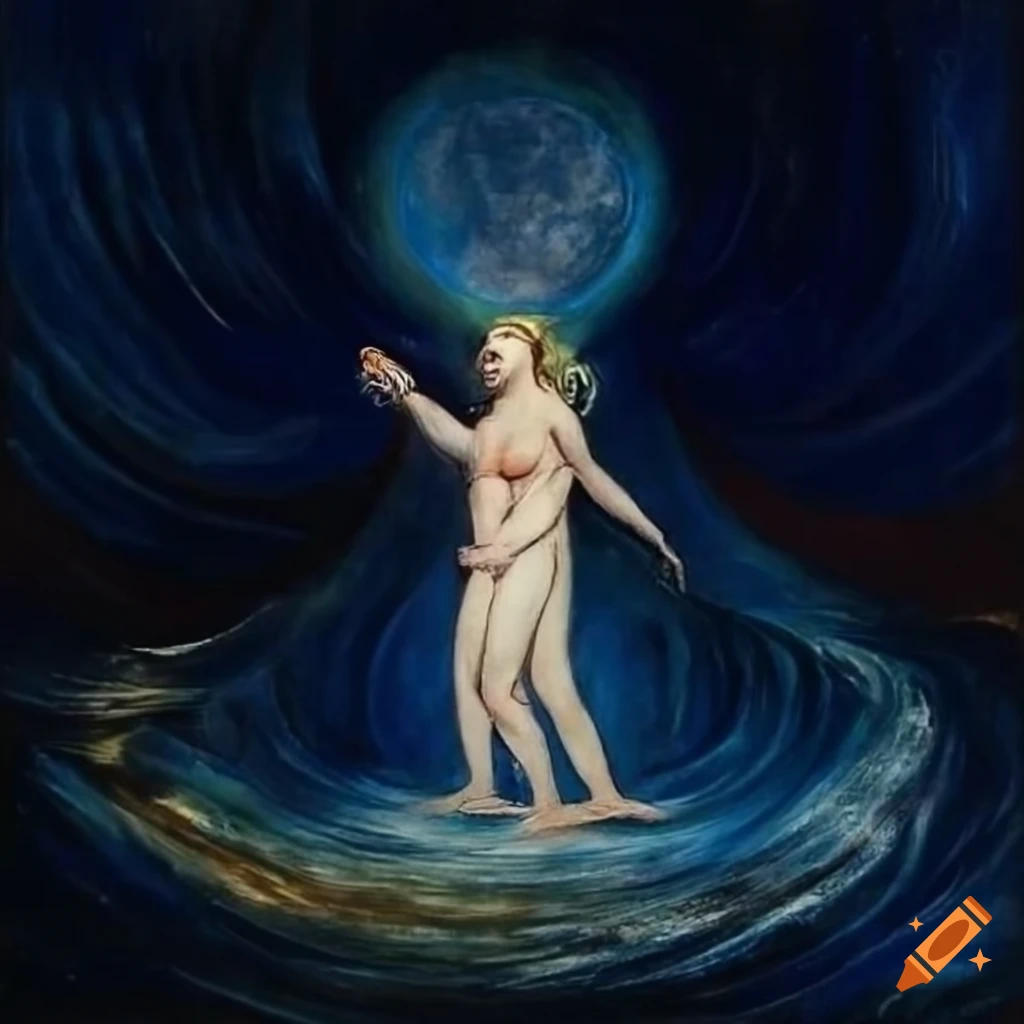 Enlightened spirit walking to hilltop under starry sky with planets, inspired by William Blake