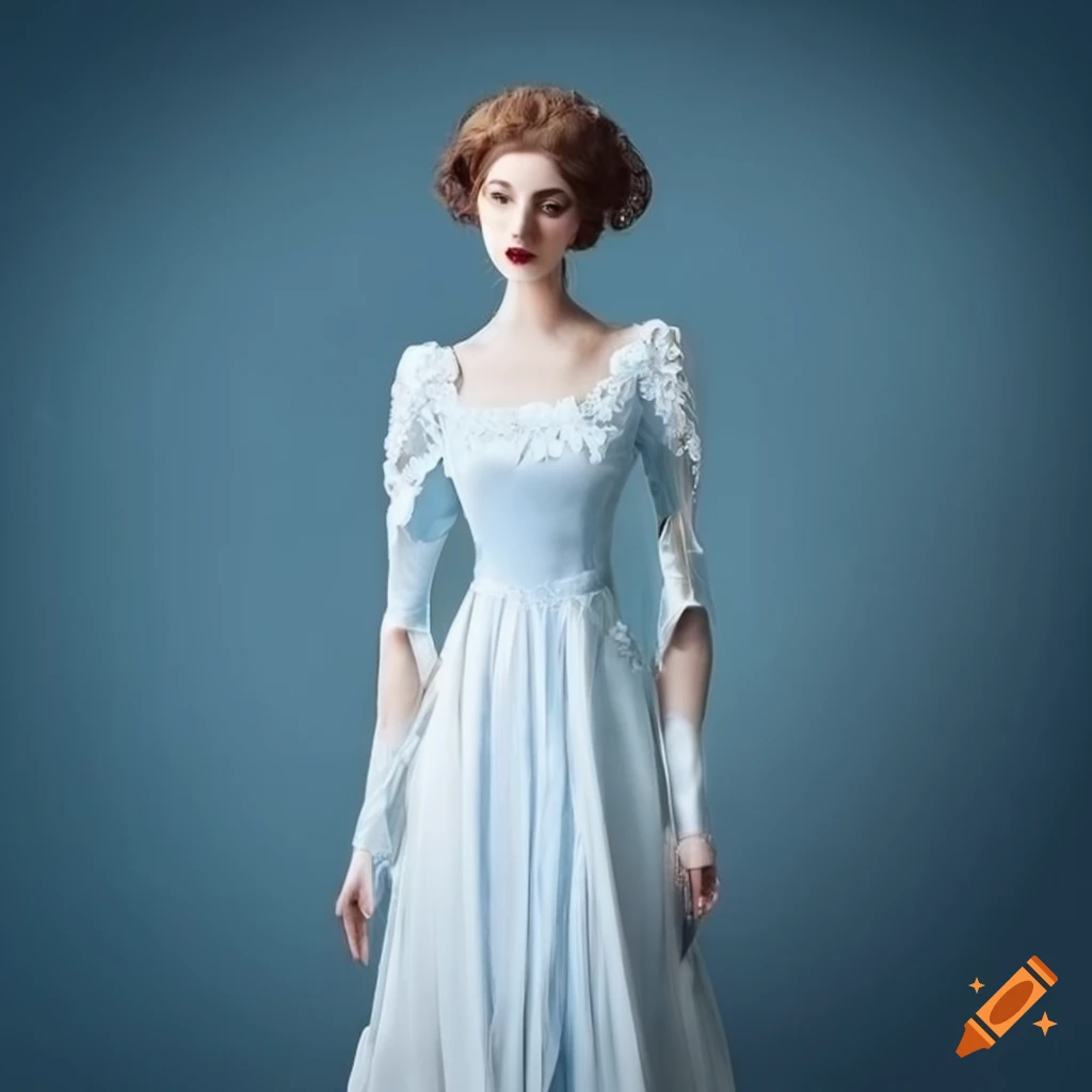 Elegant Edwardian-inspired multilayered dress in white-blue hue