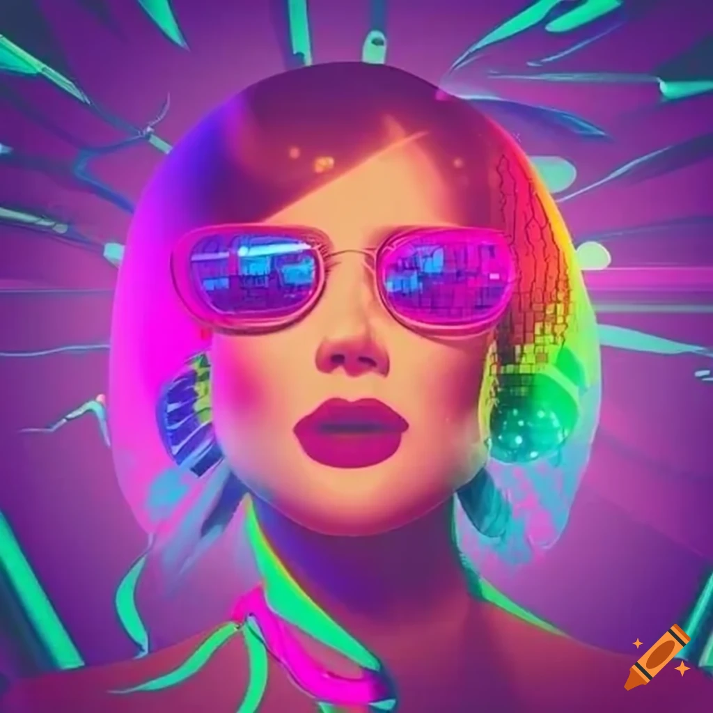 Colorful retro-style flyer for an 80s dance party with neon lights and disco balls