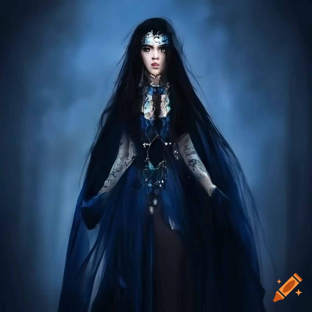 Medieval fantasy woman with long black hair and blue-silver jewelry ...