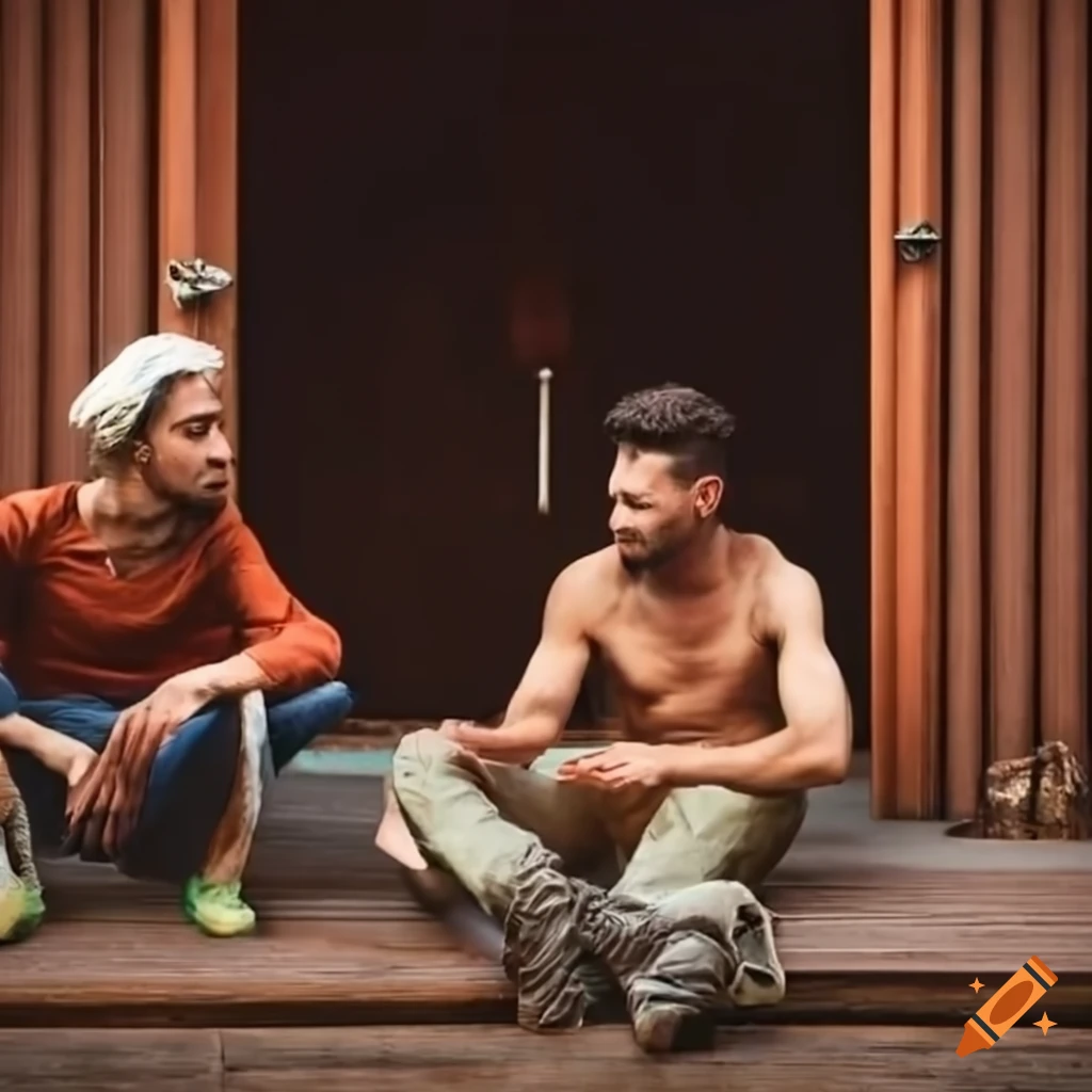 Two men discussing in front of a hut