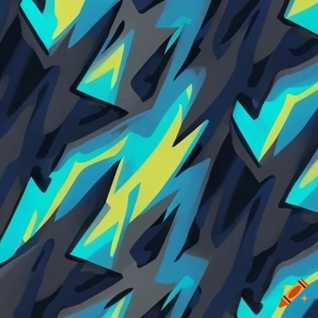 Geometric camouflage pattern in bold colors with thunder bolt and crashing wave patterns