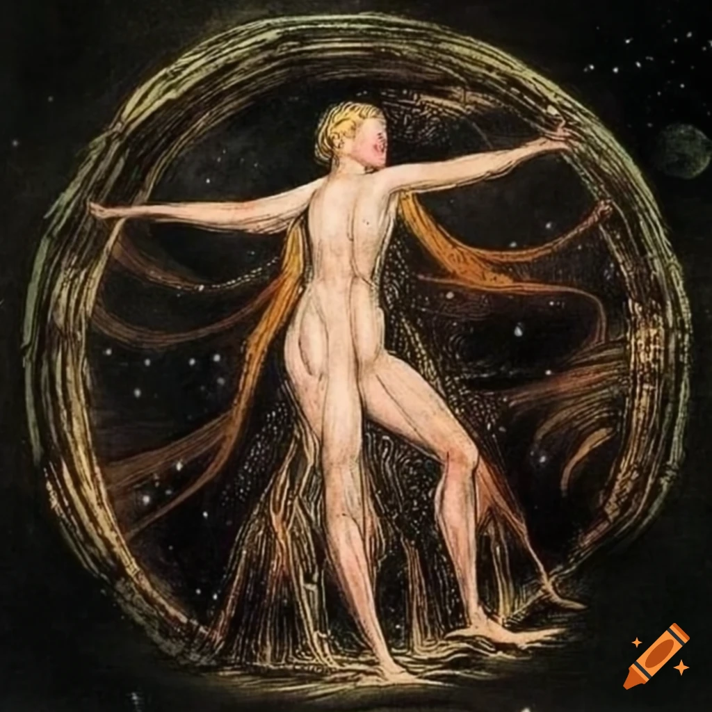 Enlightened spirit climbing hill under starry sky with planets, in William Blake style