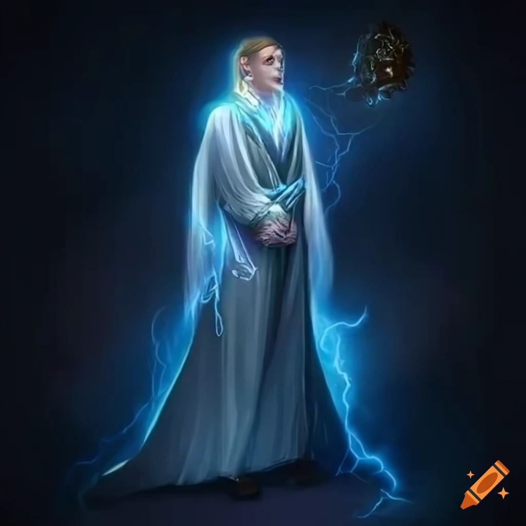 Male elven wizard conjuring elemental energies in magical robe