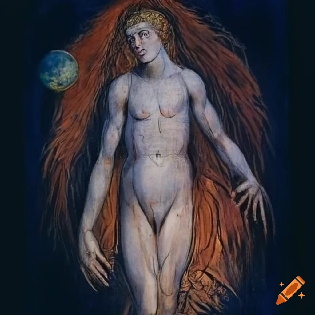 Enlightened spirit walking to hilltop under starry sky with planets, inspired by William Blake and Hilma af Klint