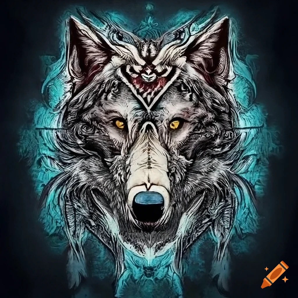 Intricately detailed tribal artwork of a regal wolf