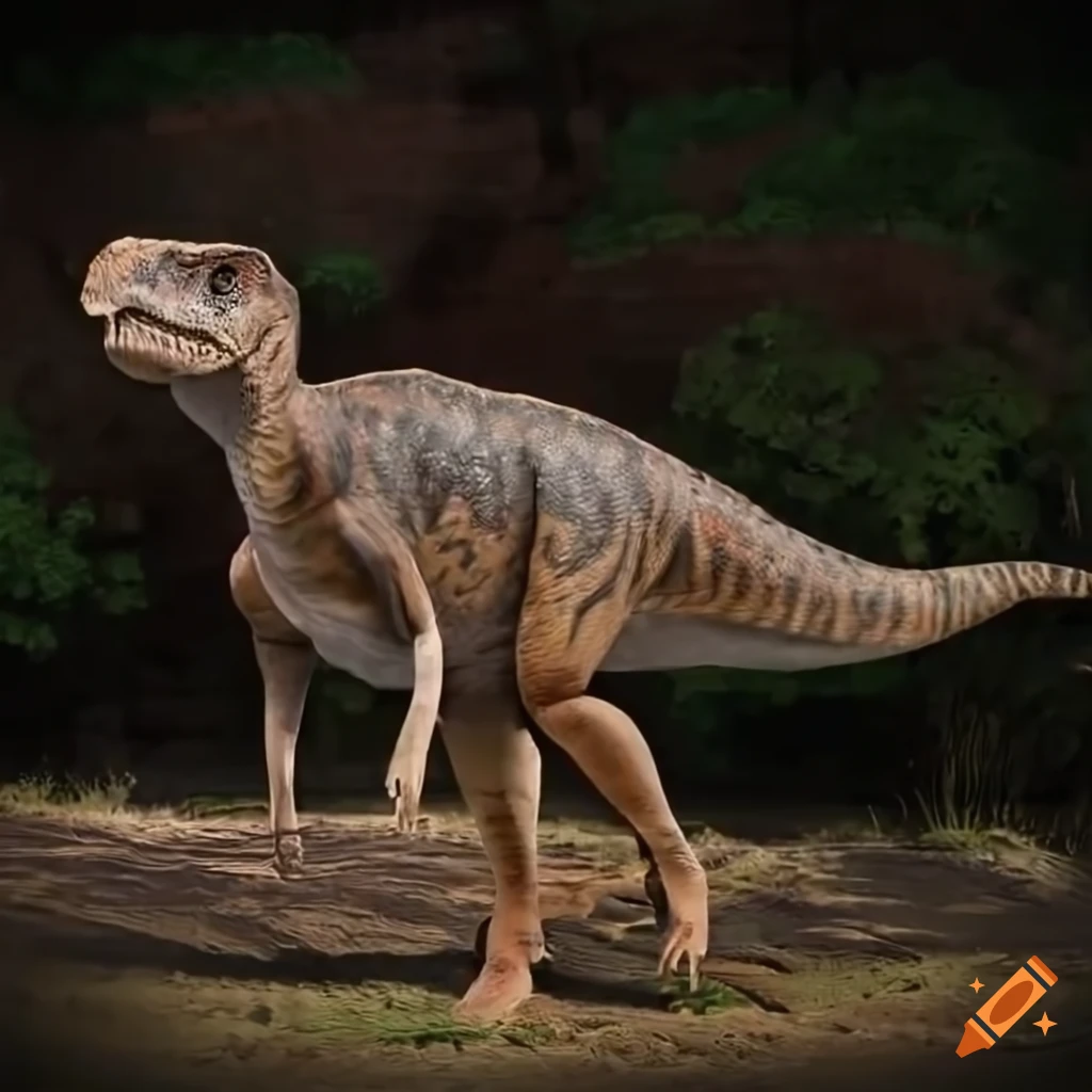 Hadrosaurus dinosaur with tiger-like color pattern in warm morning light