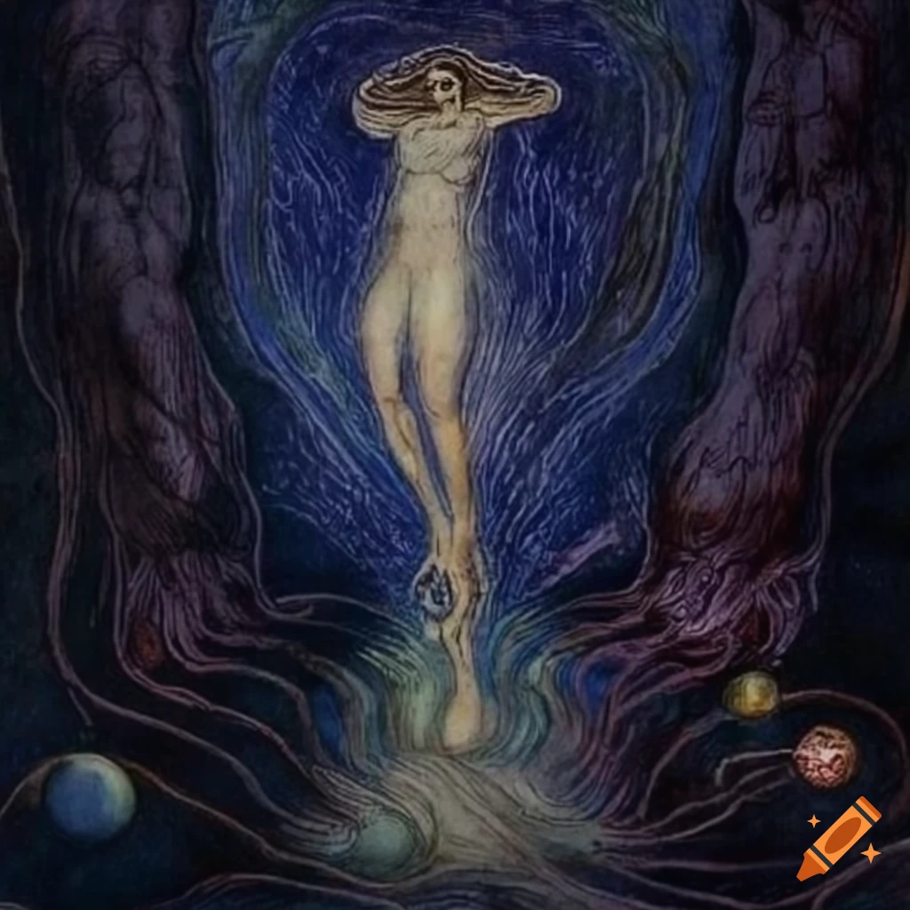 Enlightened spirit walking up a hill under a starry sky with planets, in a mystical setting