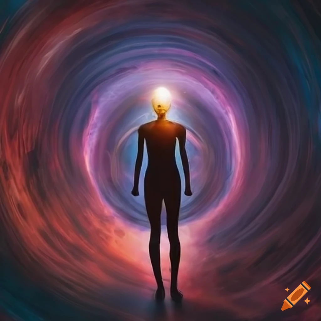 Cosmos swirling around an enlightened human body in philosophical concept art