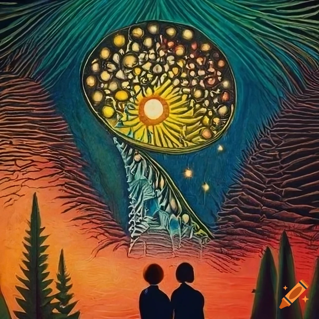 Science Fiction pulp magazine cover inspired by Flammarion Engraving with nonbinary human observing Celestial veil