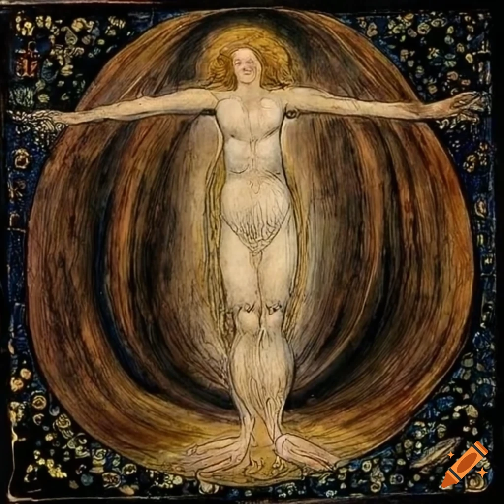 Enlightened spirit walking up hill under starry sky with planets, inspired by William Blake and Hilma af Klint