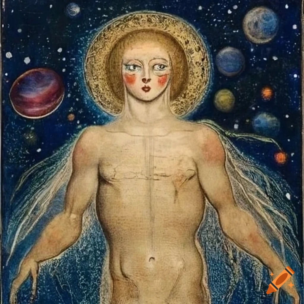 Enlightened spirit walking to hilltop under starry sky with planets, inspired by William Blake and Hilma af Klint