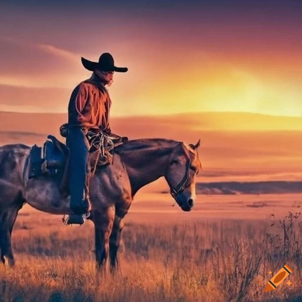 Cowboy riding horse during sunset
