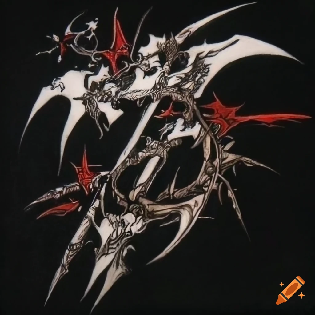 Elegant final fantasy style art with thin spikey elements and ivy branches