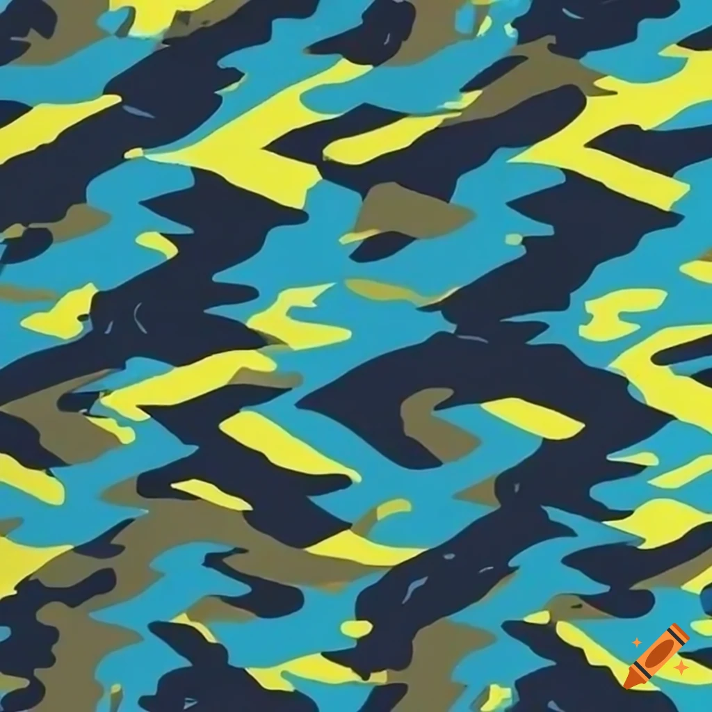 Geometric camouflage pattern in bold colors with thunder bolt and crashing wave patterns