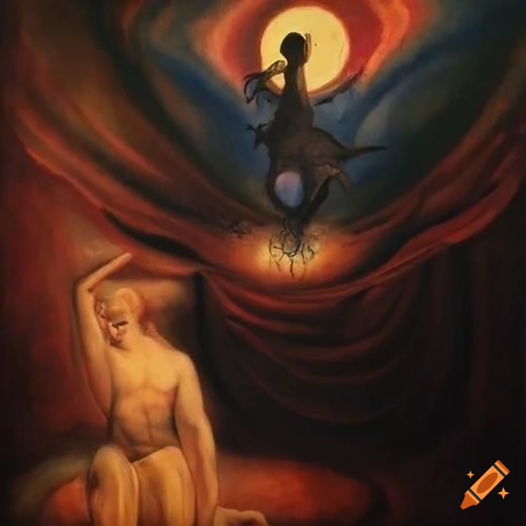 Painting in surrealist style featuring Carlos Castaneda and Don Juan Matus with a Tapio